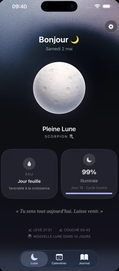 Écran d’accueil de l’app&nbsp;: pleine Lune en Scorpion, guidance du jour et cycle lunaire