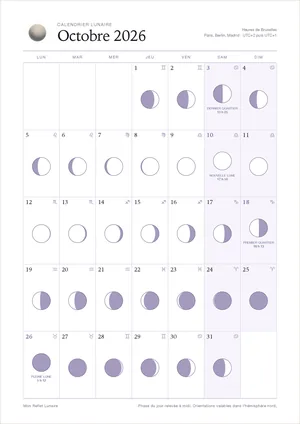 Le calendrier lunaire d’octobre 2026 : les 31 jours et la phase de chacun, sur une page.